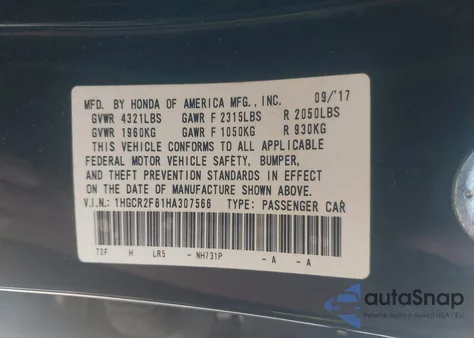 2017 Honda Accord Ex-L из США, поврежденный, VIN 1HGCR2F81HA307566